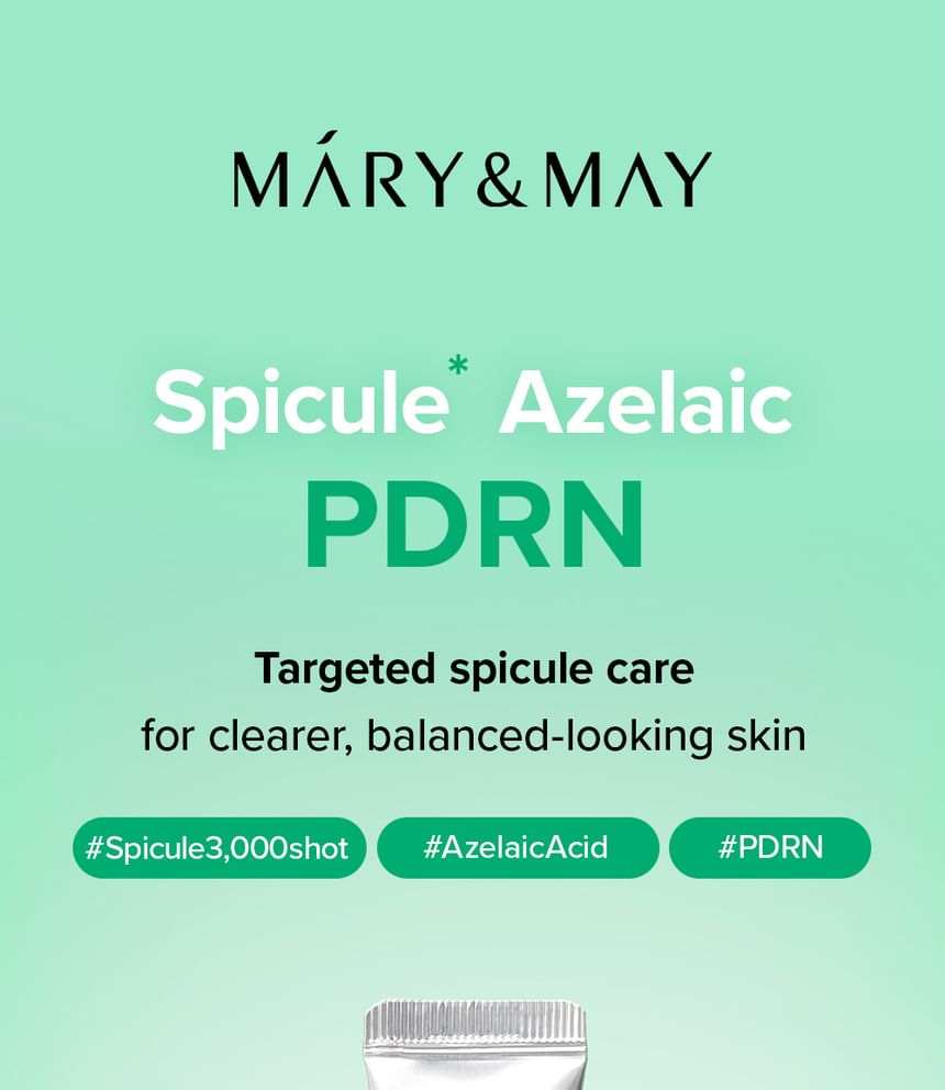 Spot cream with mint-green packaging, Mary & May Spicule Azelaic PDRN formula and targeted blemish care labeling