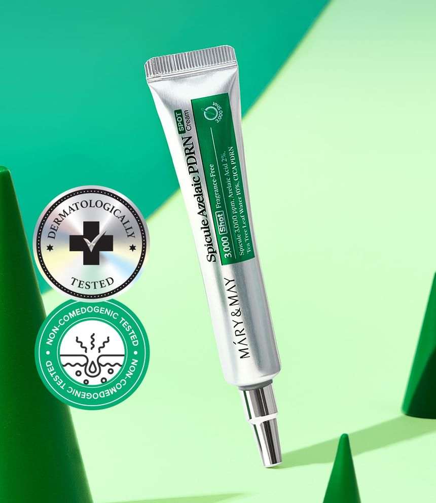 Mary & May Spicule azelaic PDRN spot cream in a silver squeeze tube with green label and nozzle
