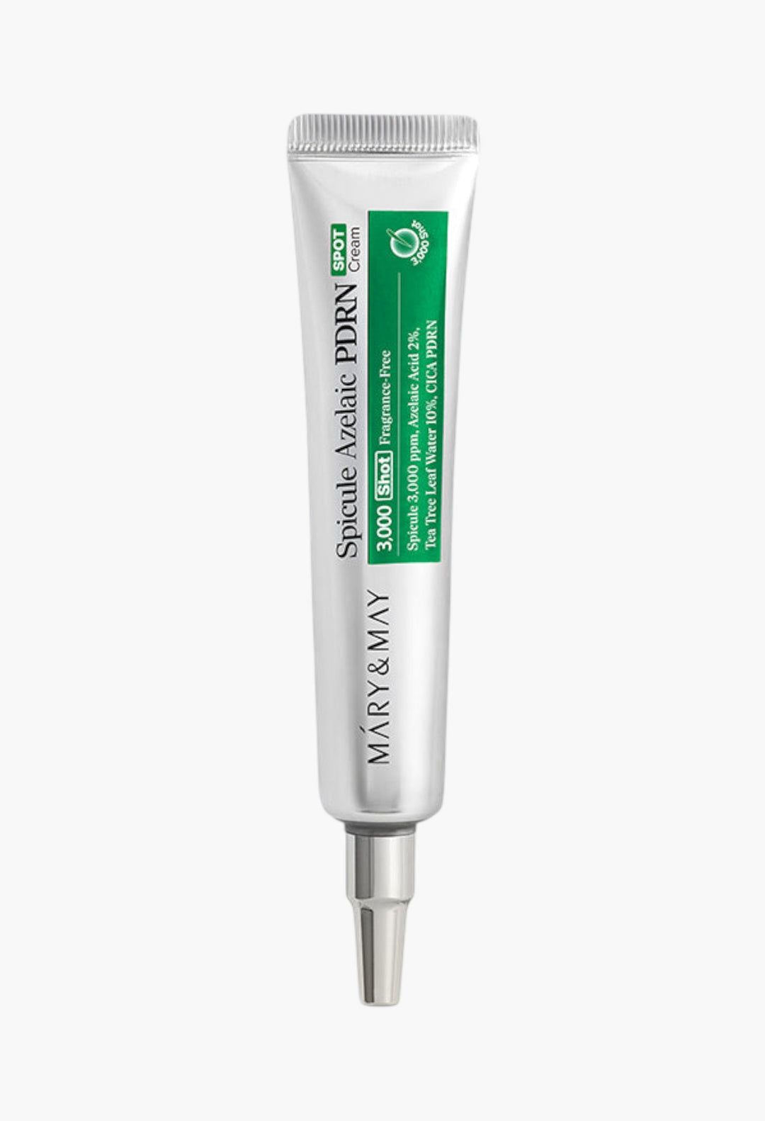 Spot cream tube, Mary & May Spicule Azelaic PDRN, white and green packaging with a pointed nozzle