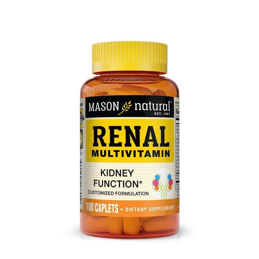 Mason Natural Renal Multivitamin caplets in an amber bottle with a yellow cap and bold yellow label