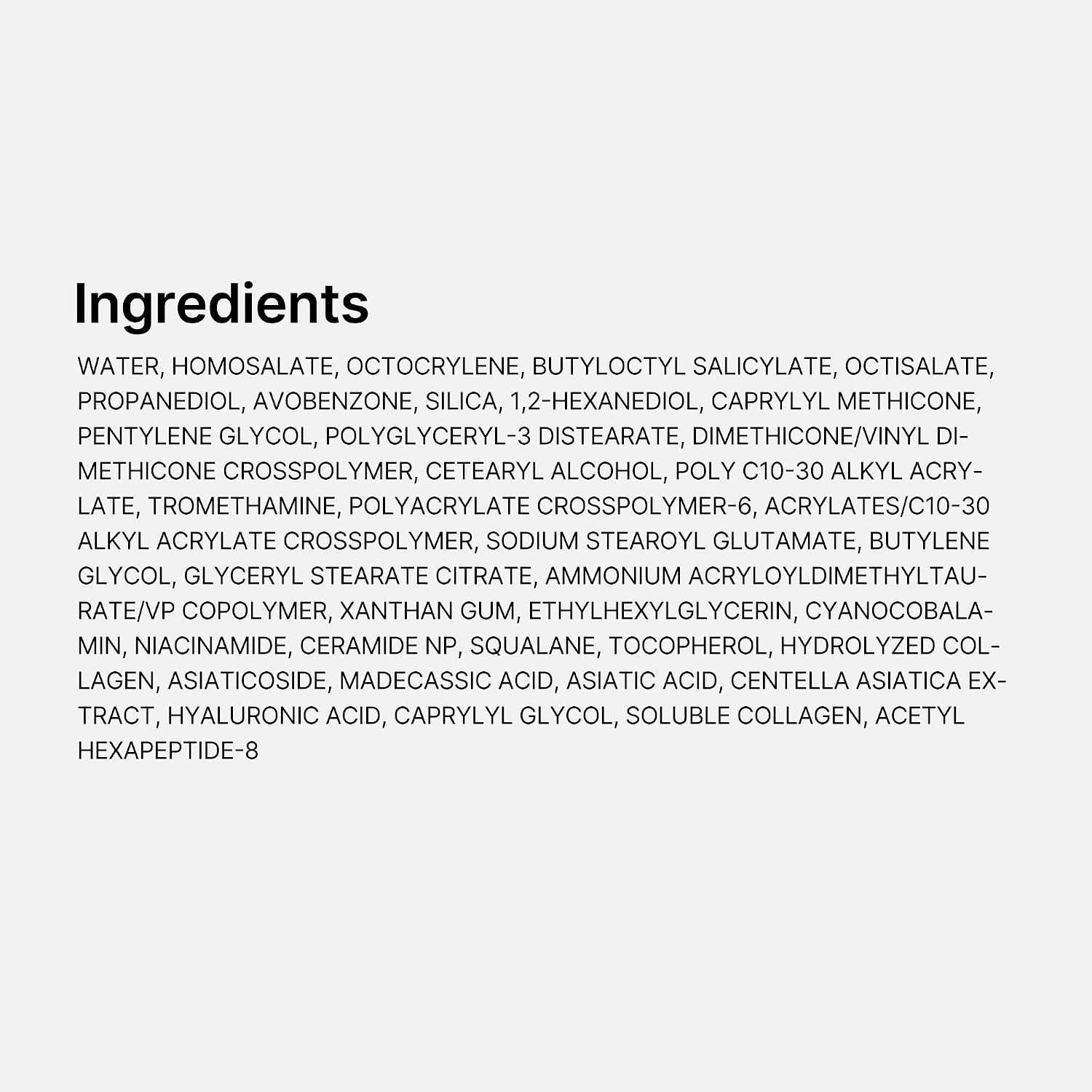 Medicube Collagen Glow Sunscreen ingredient list showing various chemical compounds and skincare elements in black text on a white background