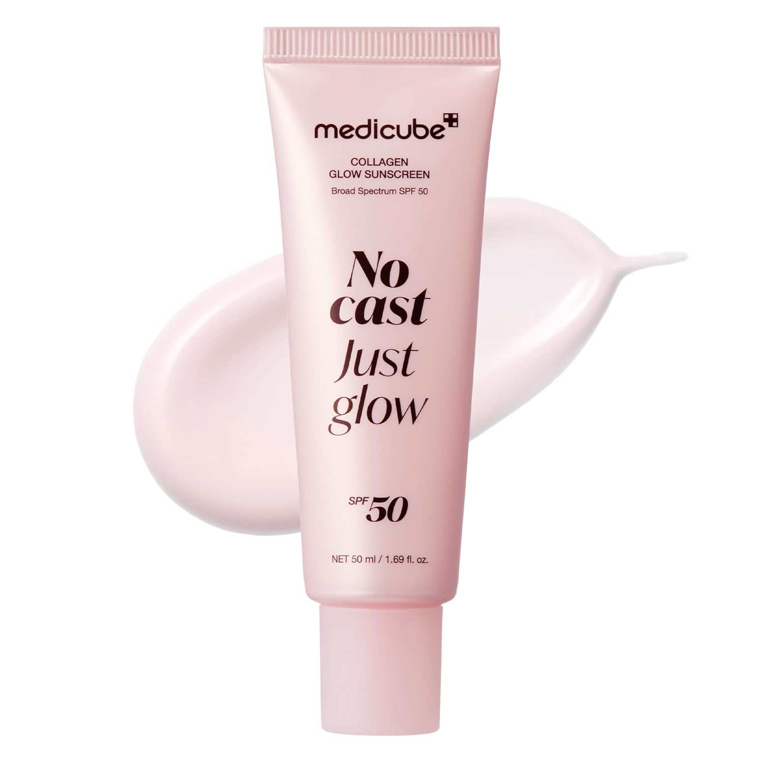 Medicube Collagen Glow Sunscreen in a pink squeeze tube with broad spectrum SPF 50 and a creamy light pink texture swatch behind