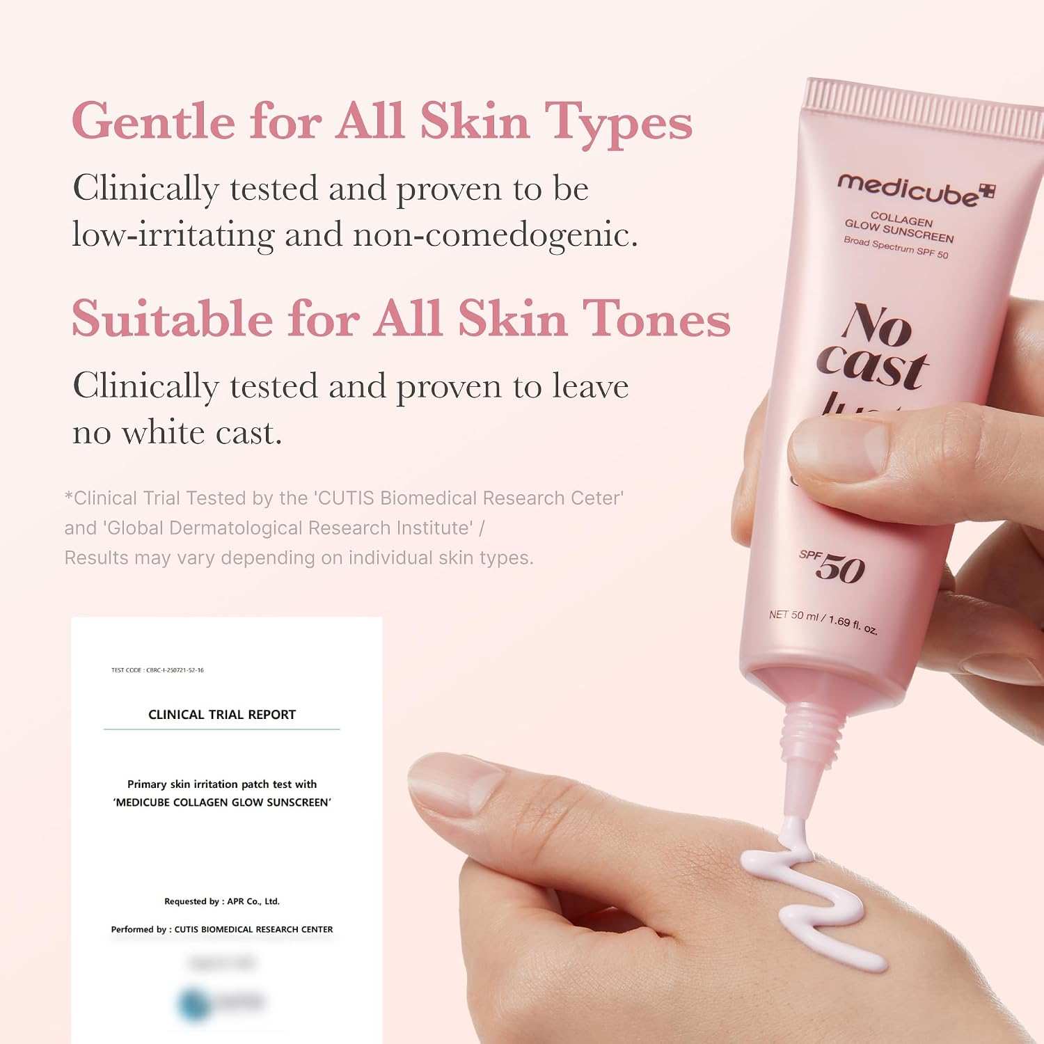 Medicube Collagen Glow Sunscreen in light pink tube with SPF 50, creamy white texture dispensed on hand