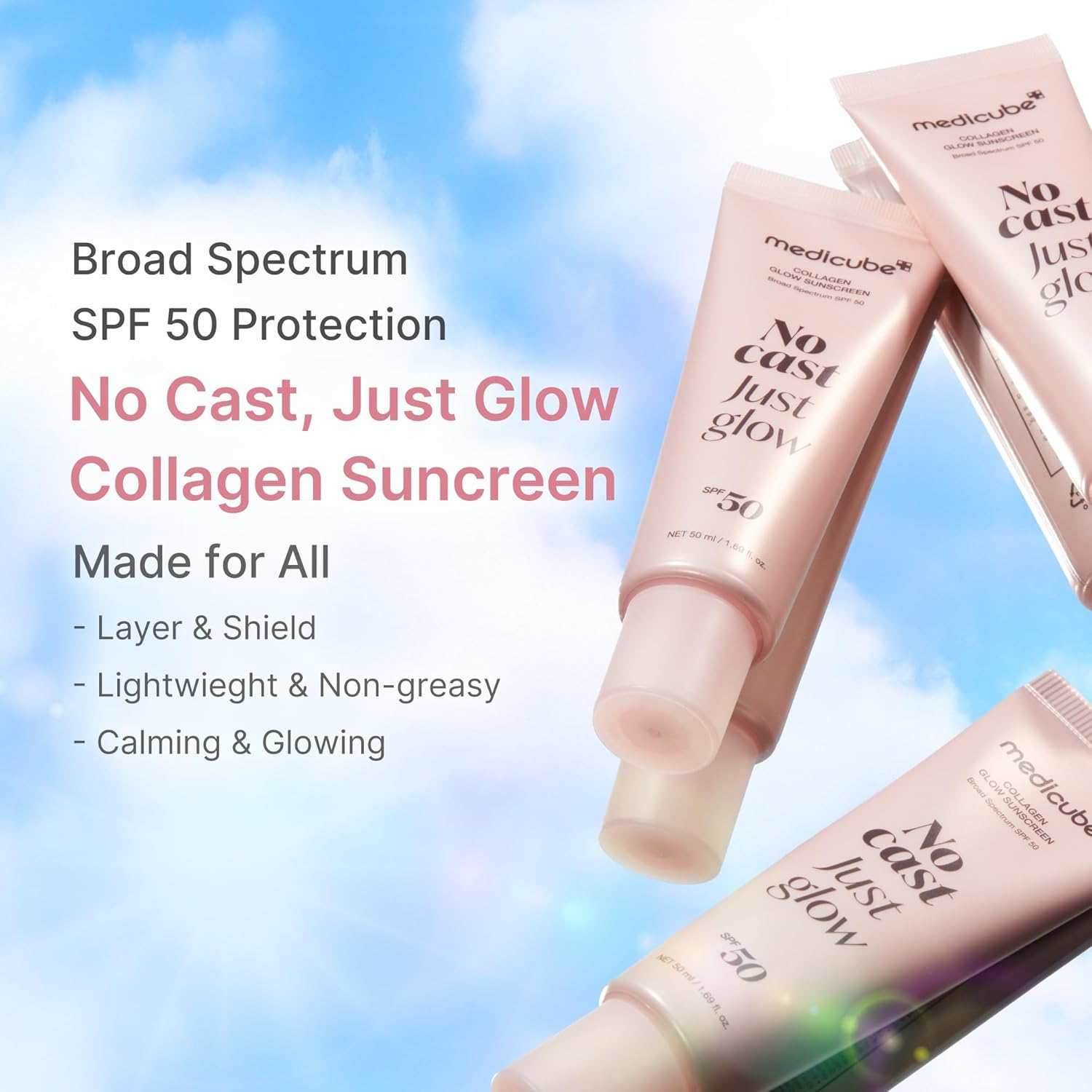 Medicube Collagen Glow Sunscreen in soft pink tubes with SPF 50 broad spectrum protection and 'No cast, Just glow' text