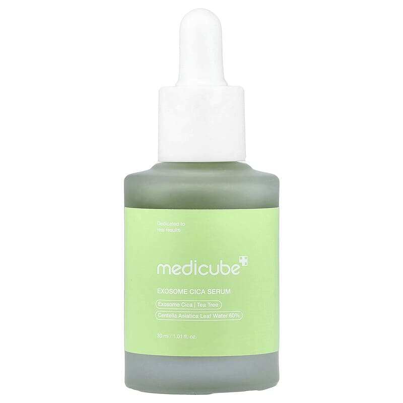 Medicube Exosome Cica Serum in a frosted green glass dropper bottle with a bright lime-green label and white cap