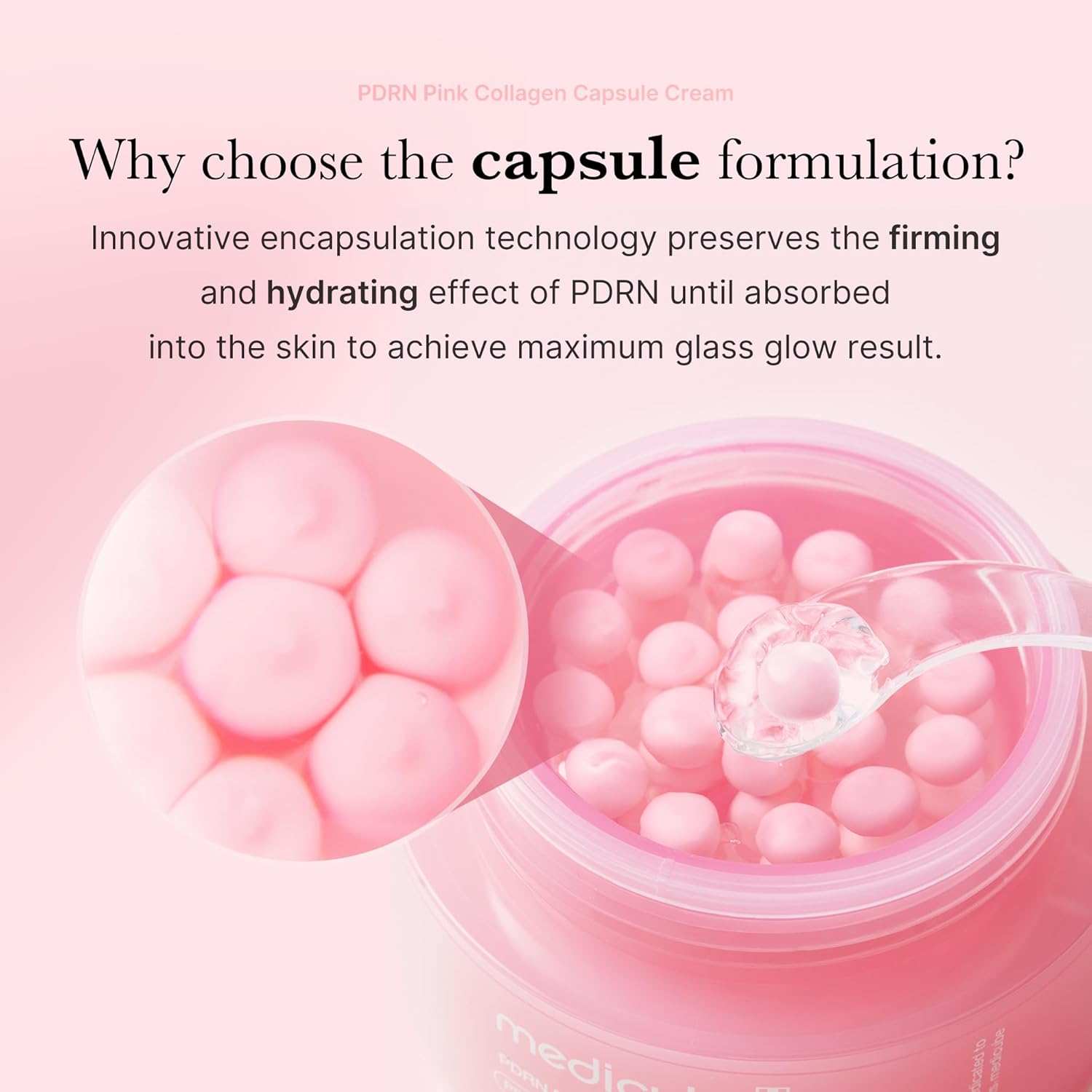 Medicube PDRN Pink collagen cream in a pink jar with visible pink capsules and transparent gel