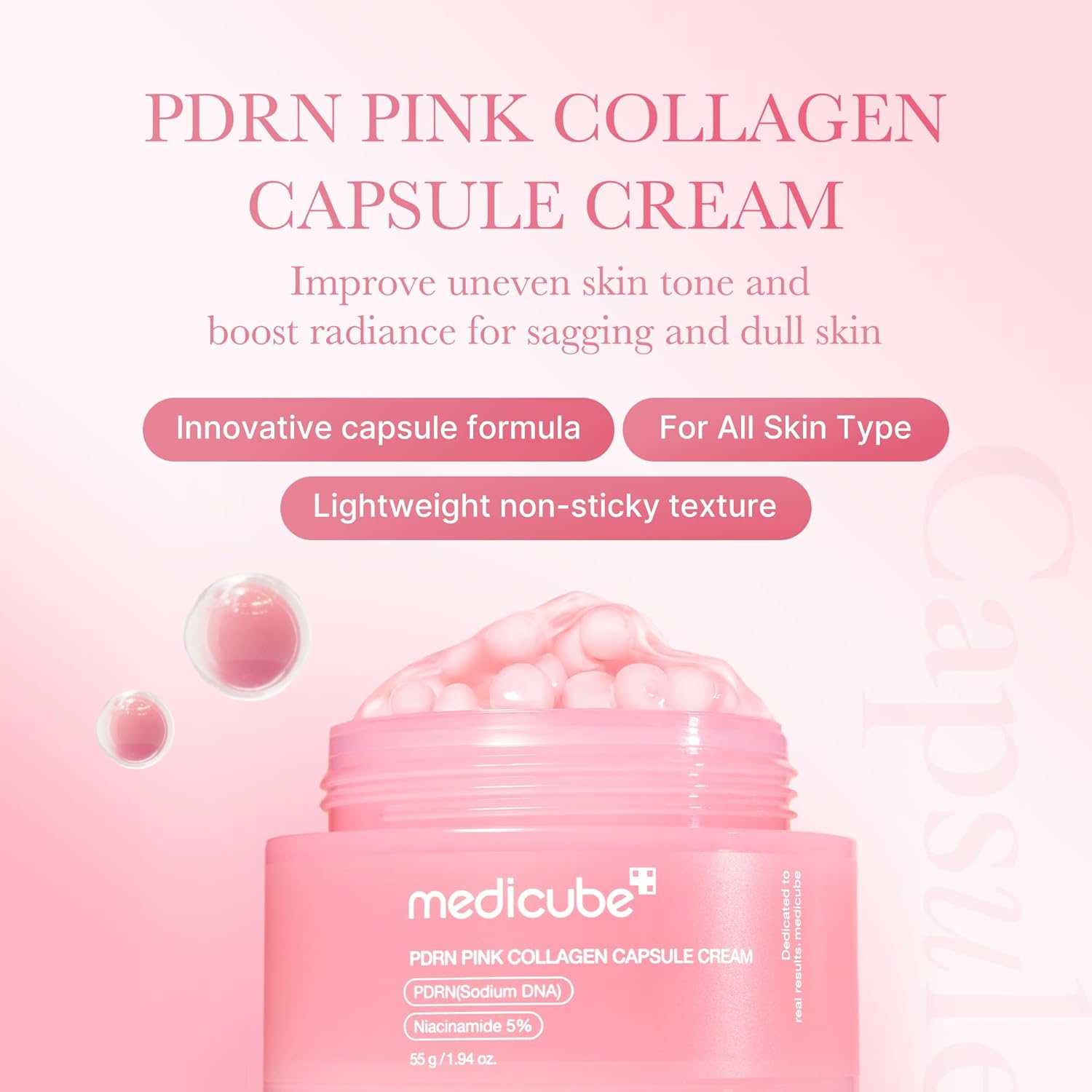 Medicube PDRN Pink collagen capsule cream in a pink jar with visible pink capsules and gel formula