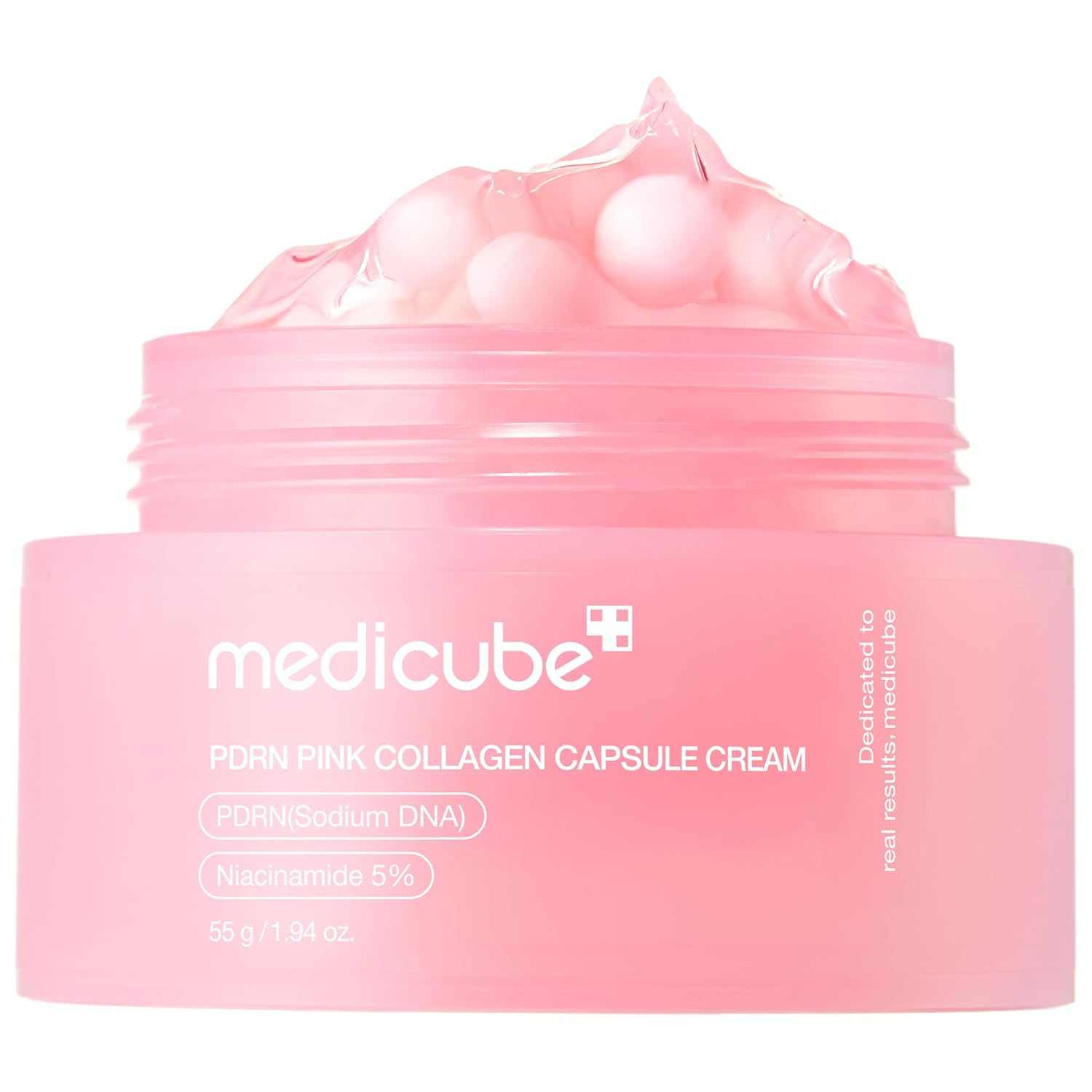 Medicube PDRN Pink collagen capsule cream in a pink jar with visible gel and pink capsules