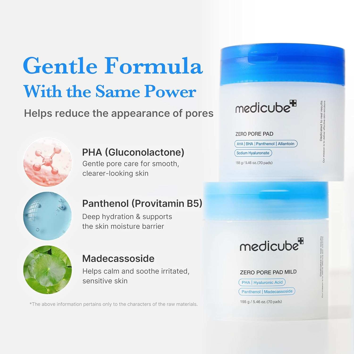 Medicube Zero Pore Pad containers in white with blue lids, displaying product details and ingredients on labels