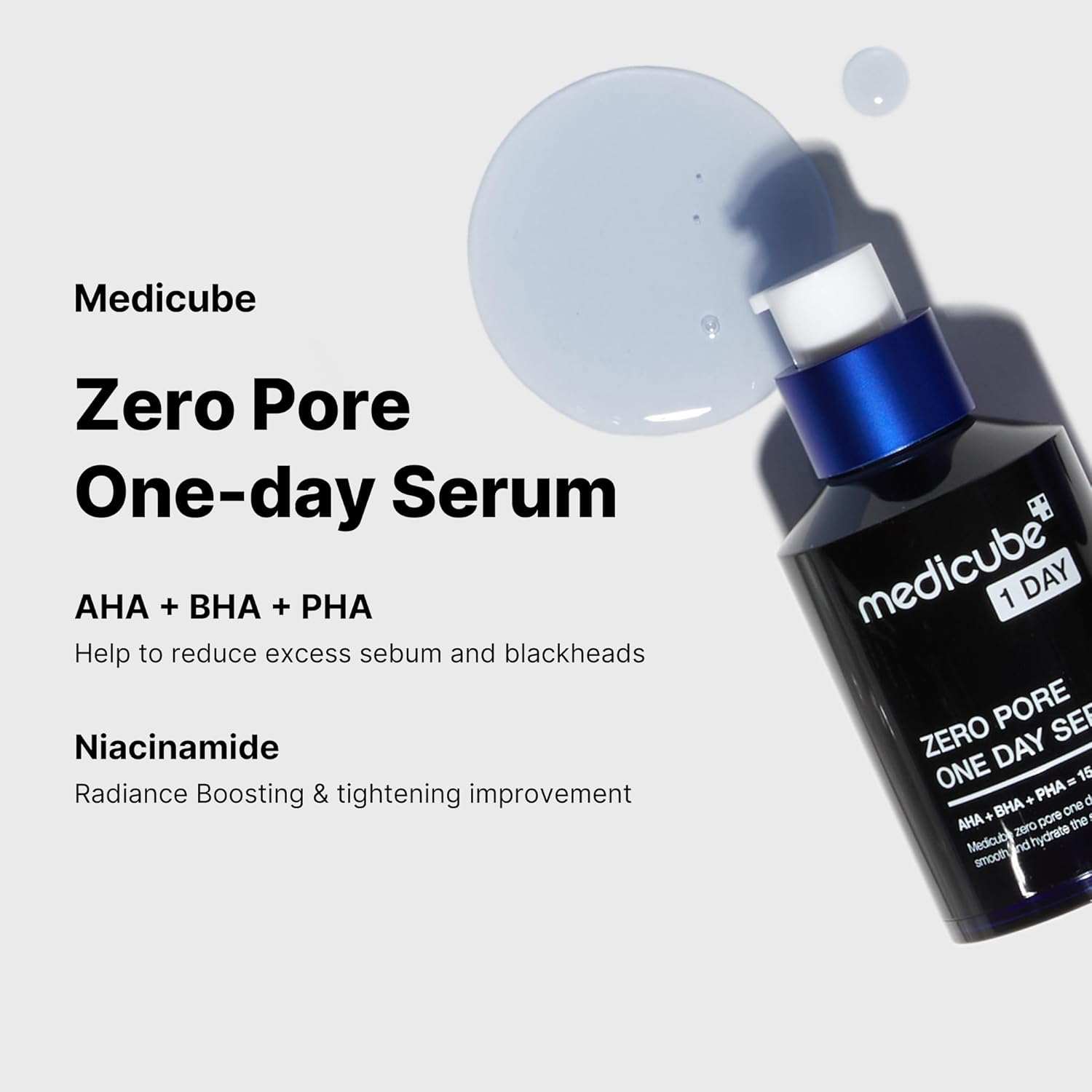 Medicube Zero Pore serum in a black bottle with a blue pump, labeled One-day Serum and featuring AHA, BHA and PHA