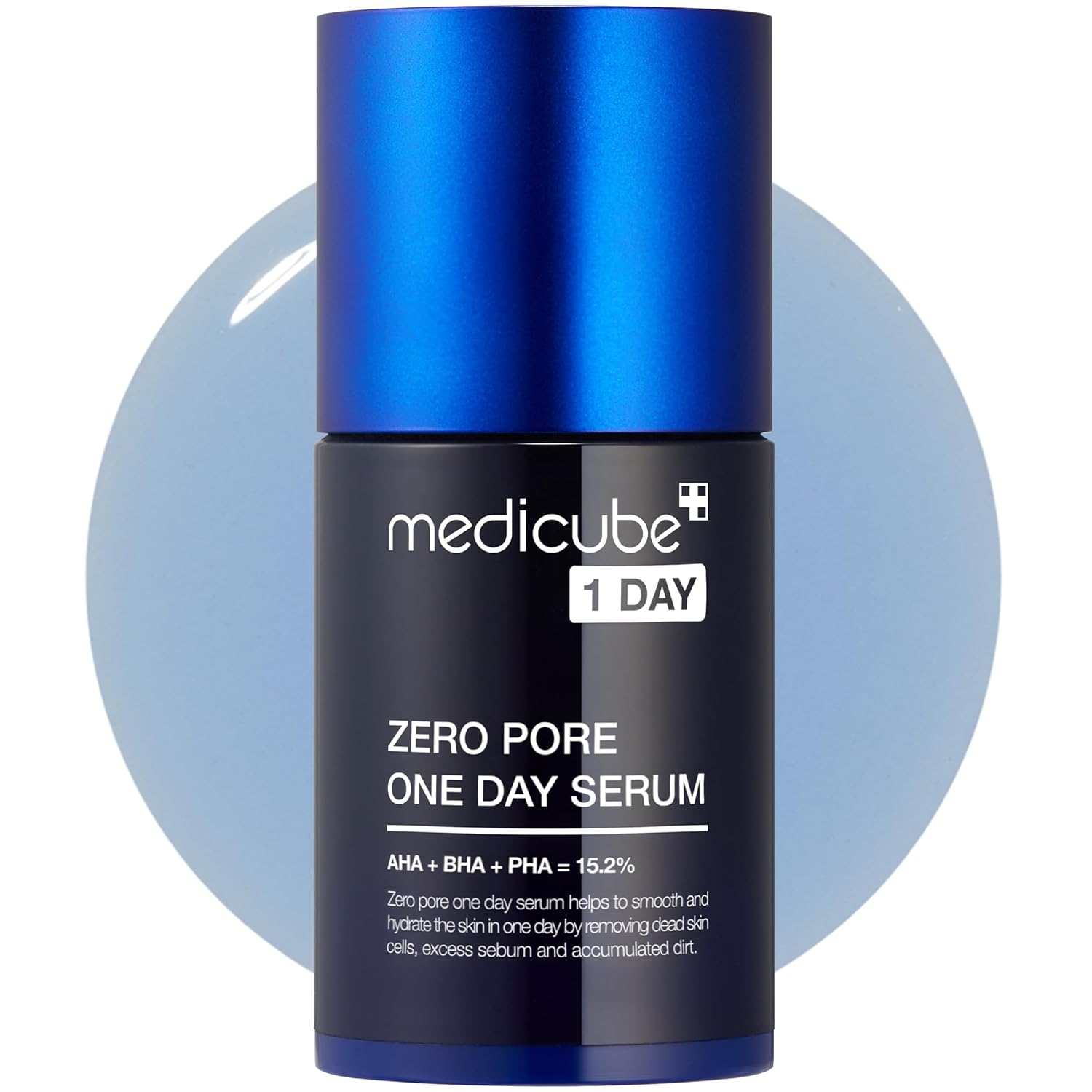 Medicube Zero Pore serum in a dark blue bottle with a metallic cobalt cap and one-day pore serum label