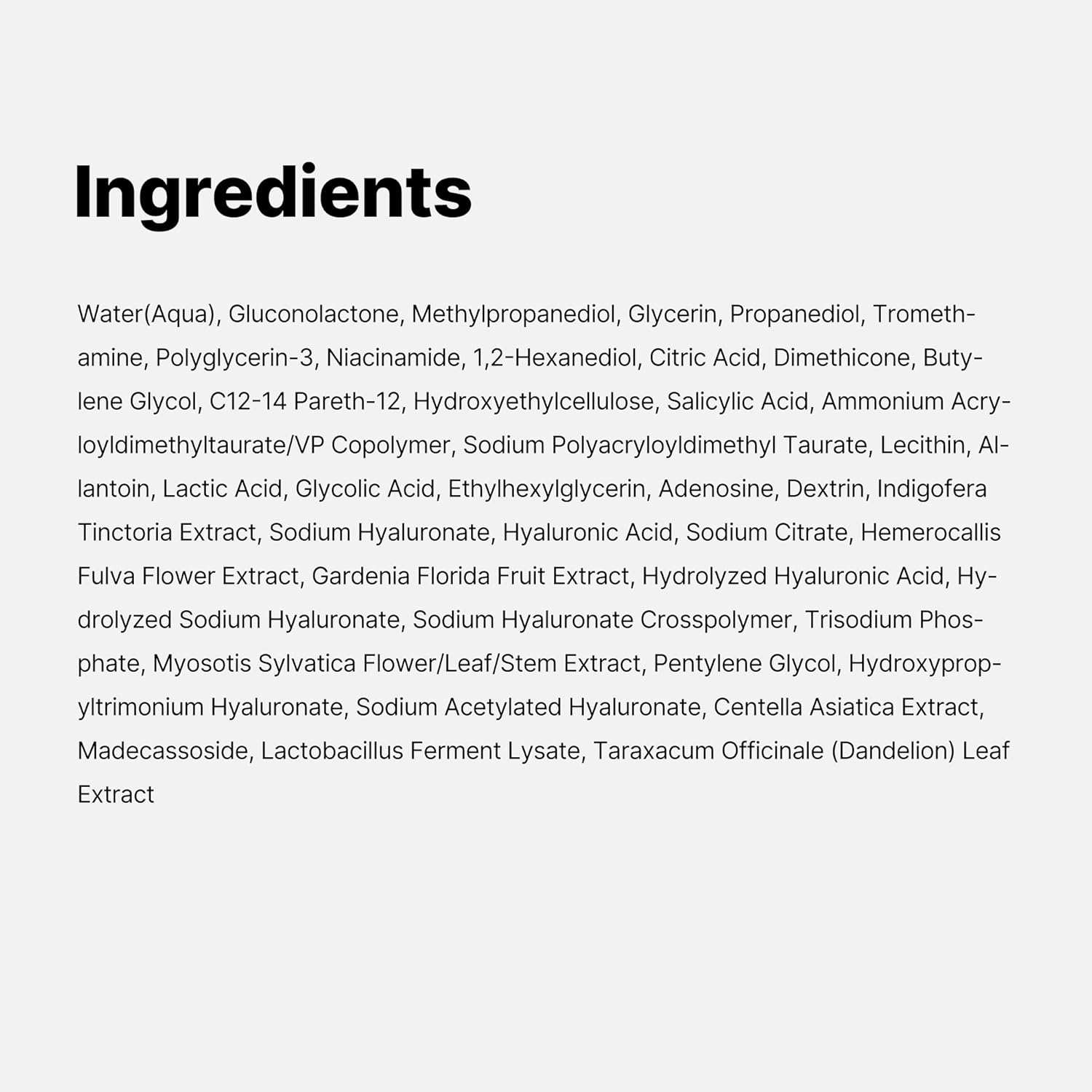 Medicube Zero Pore serum ingredients label listing niacinamide, hyaluronic acid, centella asiatica and other skincare ingredients