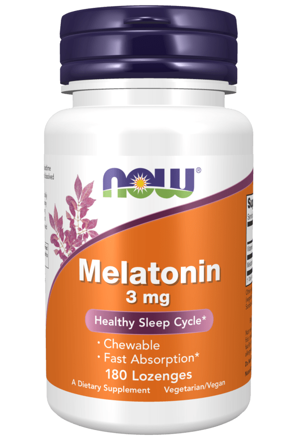 Melatonin 3mg bottle with orange and purple label, white container, and 180 chewable vegetarian lozenges