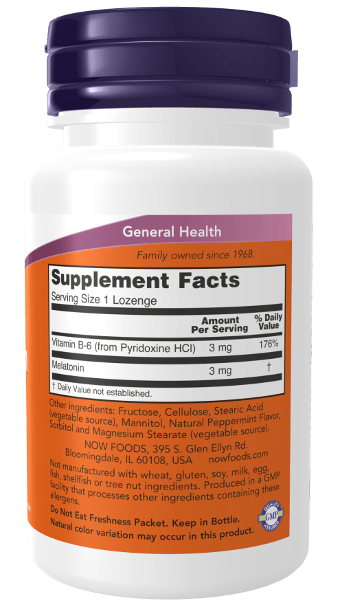 Melatonin 3mg supplement bottle with a white label, orange Supplement Facts panel, and dark purple cap