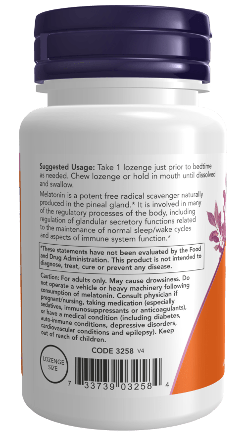 Melatonin 3mg bottle with white label, orange accent, dark purple cap and supplement directions in black text