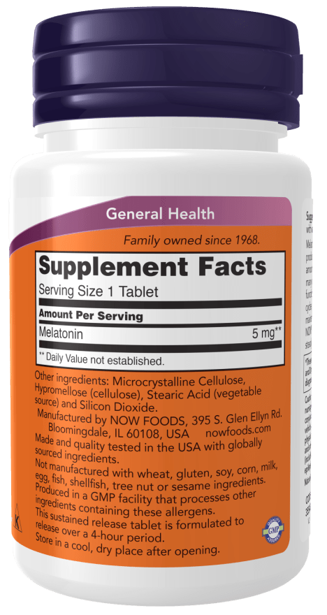 Melatonin 5mg Sustained Release supplement bottle with white plastic body, dark purple cap and orange label