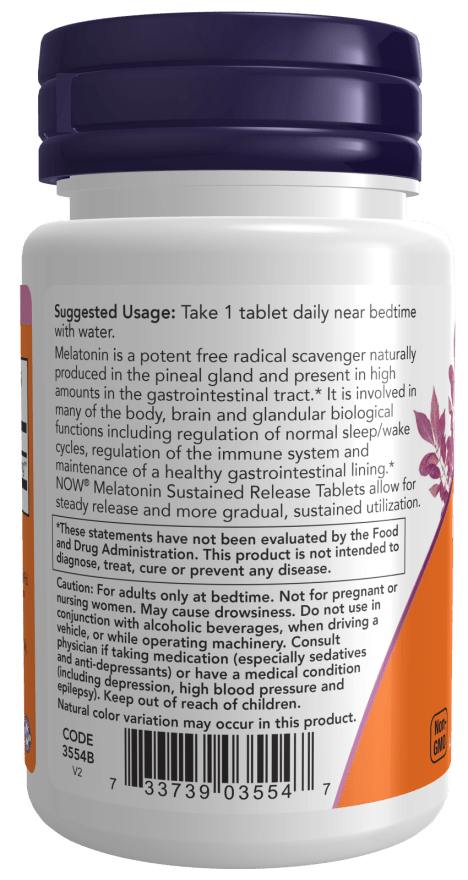 Melatonin 5mg Sustained Release bottle with white label, dark purple cap, orange accents and sustained-release tablet details