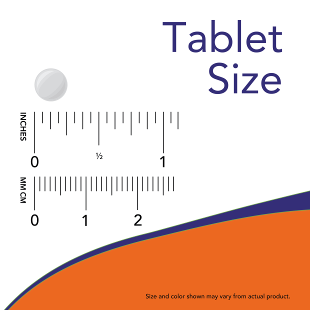 Melatonin 5mg Sustained Release tablet shown as a small round light gray pill beside inch and centimeter size scales