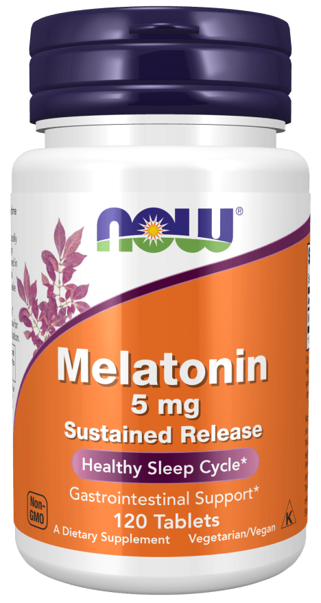 Melatonin 5mg Sustained Release supplement bottle with an orange and white label, purple cap, and 120 tablets