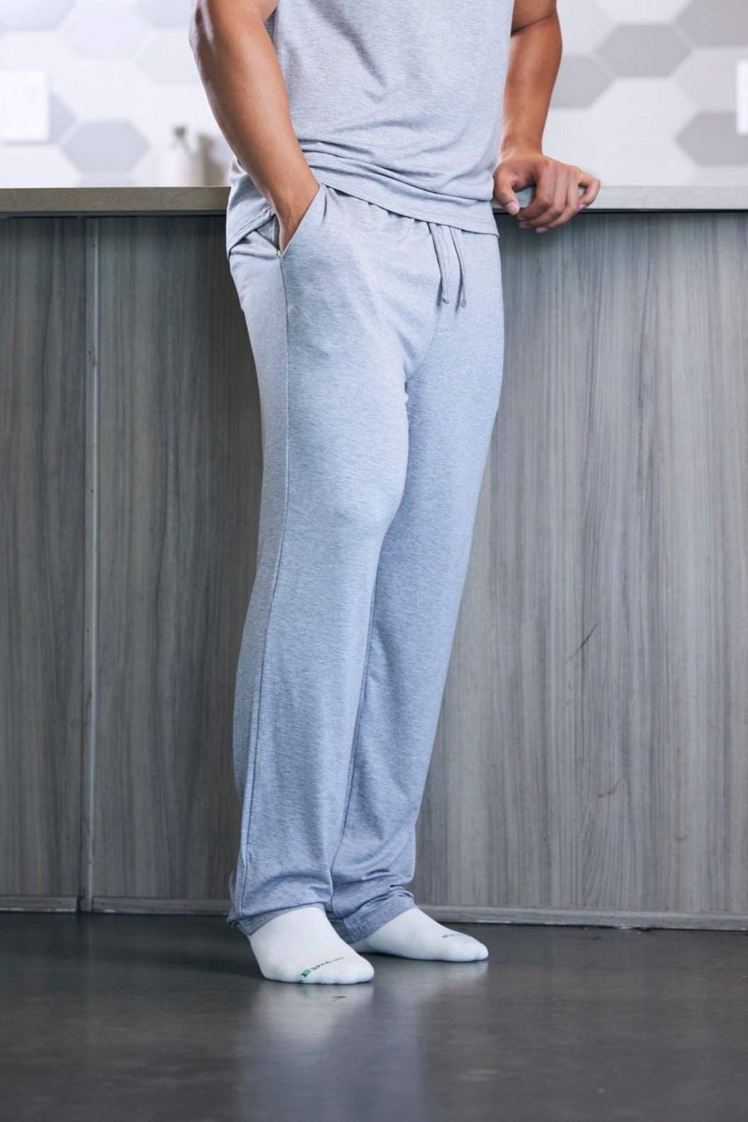 Men's Soft Bamboo Lounge Pajama Pants in light heather gray, with a soft knit finish, drawstring waist and full-length legs