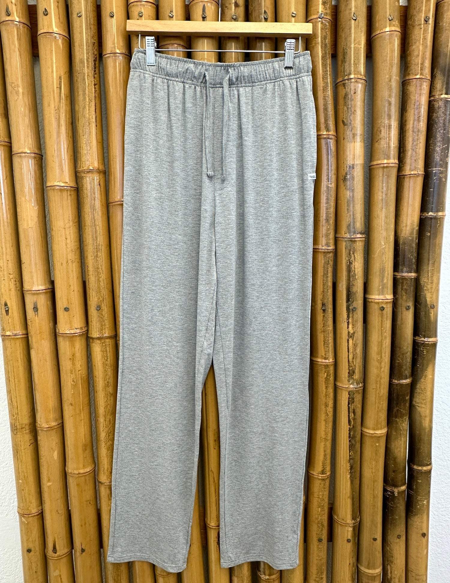 Men's Soft Bamboo Lounge Pajama Pants in light gray, with a soft knit texture, elastic waistband, and drawstring