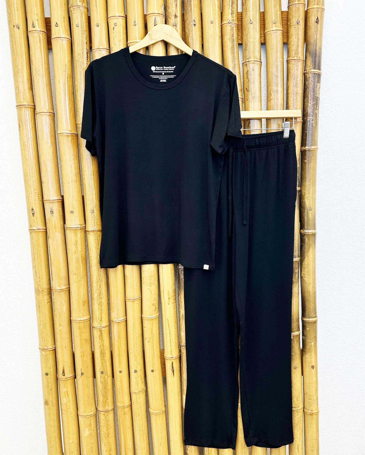 Men's Soft Bamboo Lounge Pajama Set in solid black, with a short-sleeve crewneck top and relaxed straight-leg pants
