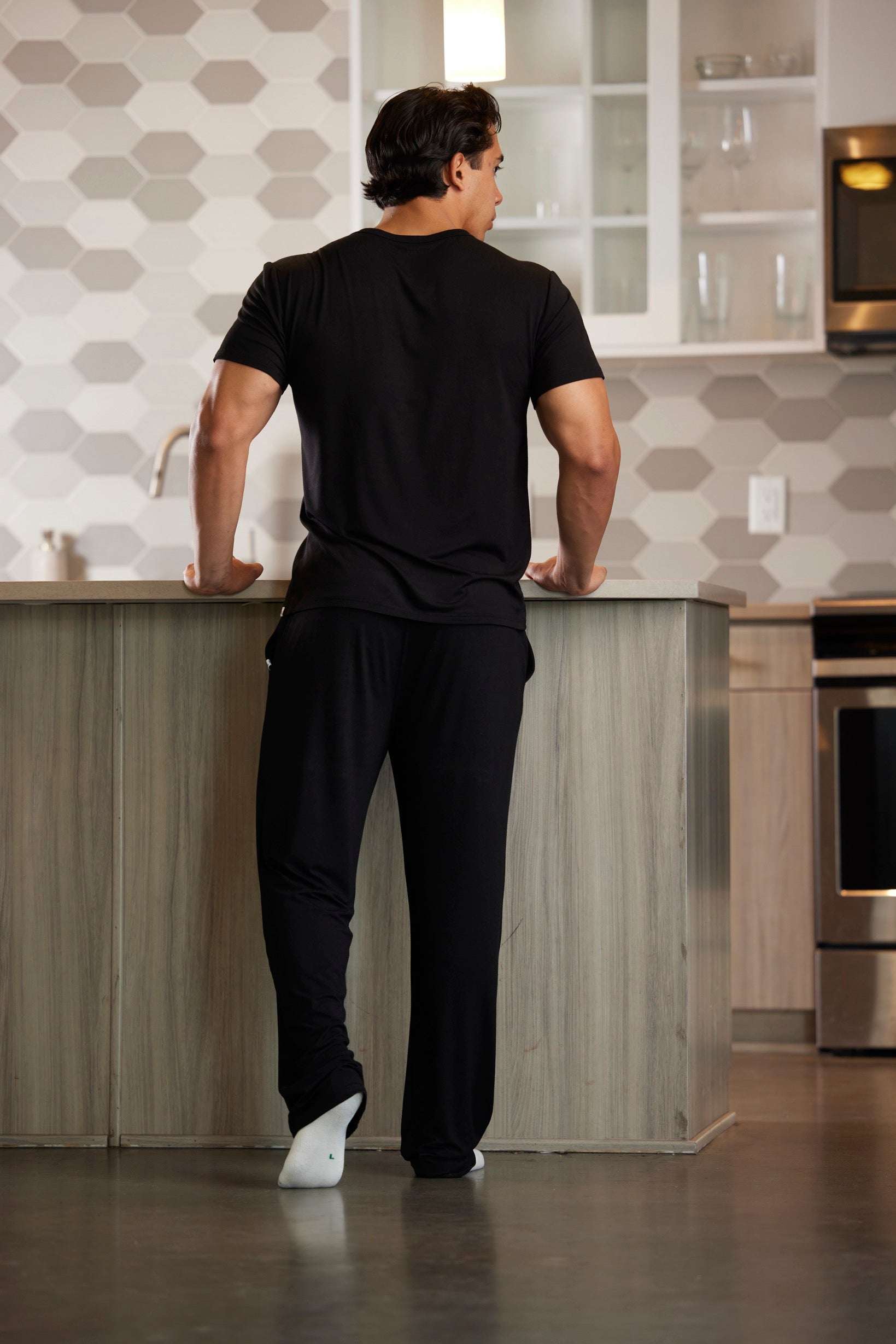 Men's Soft Bamboo Lounge Pajama Set in black, with a short-sleeve crew-neck top and relaxed-fit pants