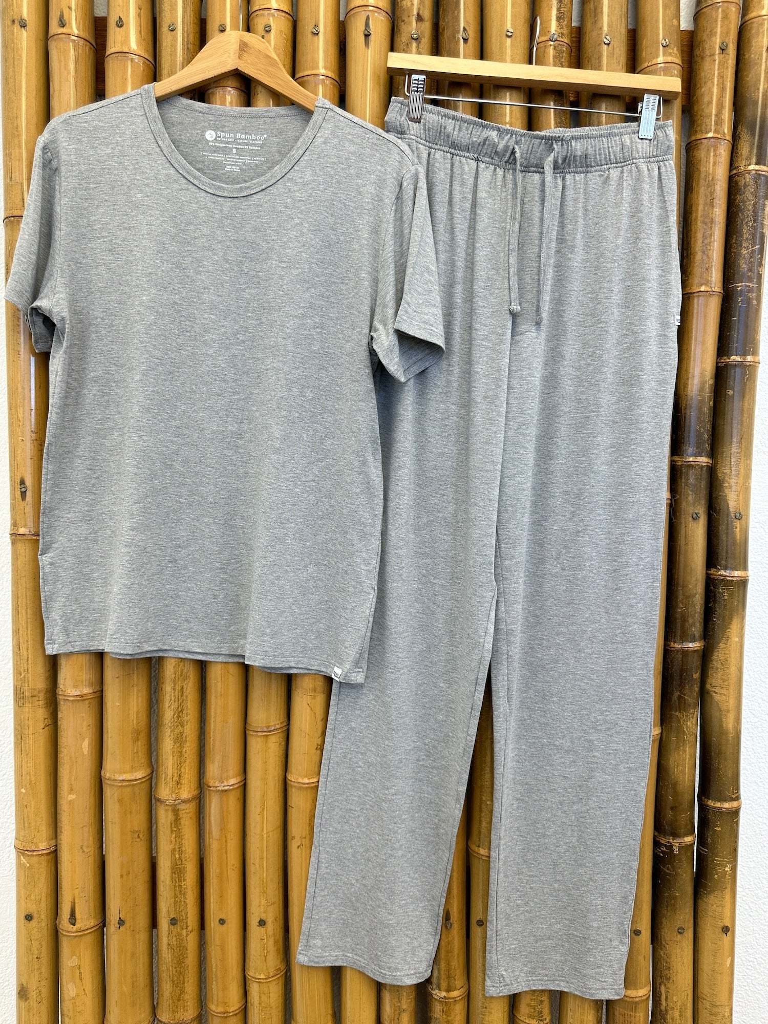 Men's Soft Bamboo Lounge Pajama Set in heather gray, with a plain short-sleeve crew-neck top and drawstring pants