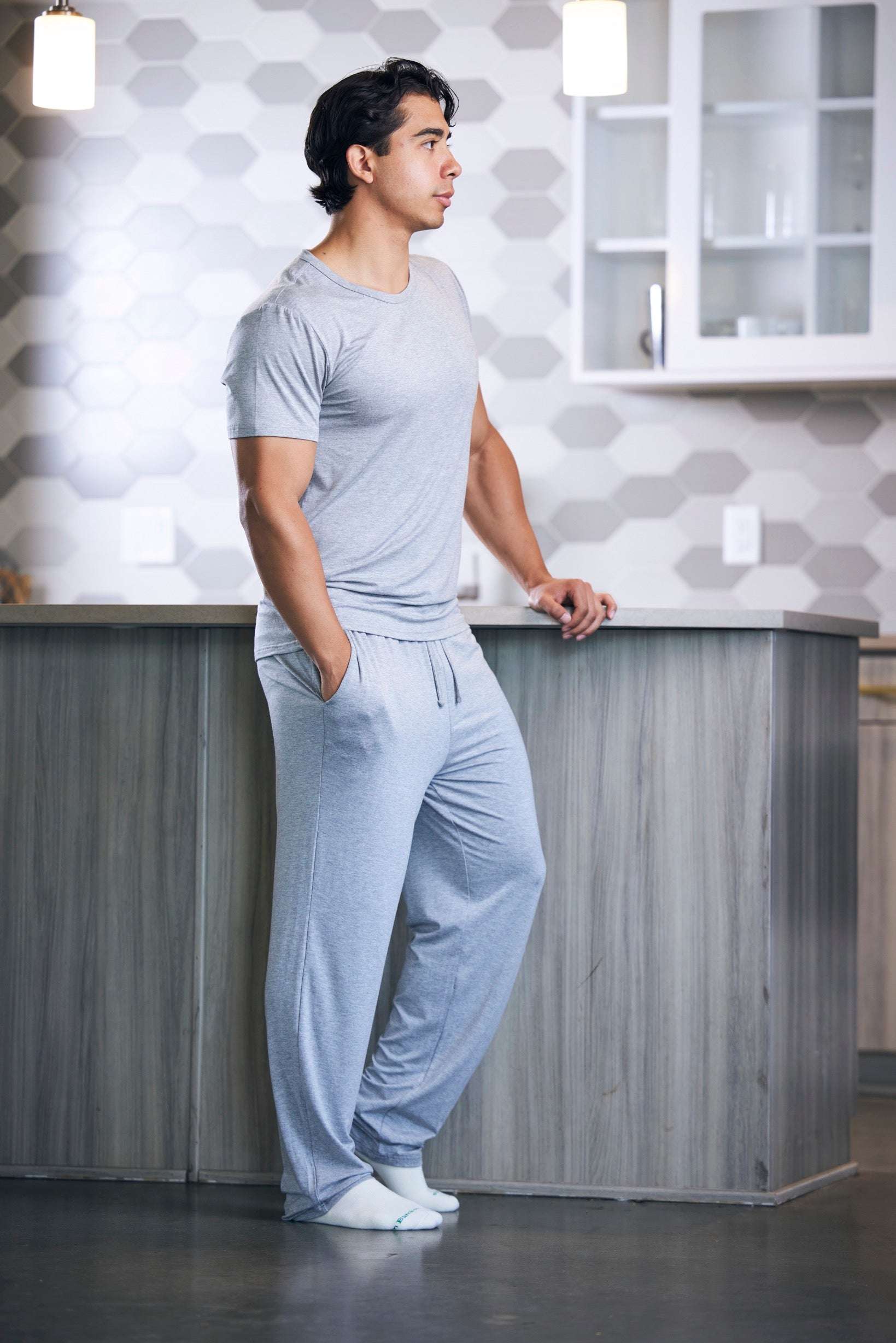 Men's Soft Bamboo Lounge Pajama Set in light gray, with a short-sleeve crewneck top and relaxed drawstring pants
