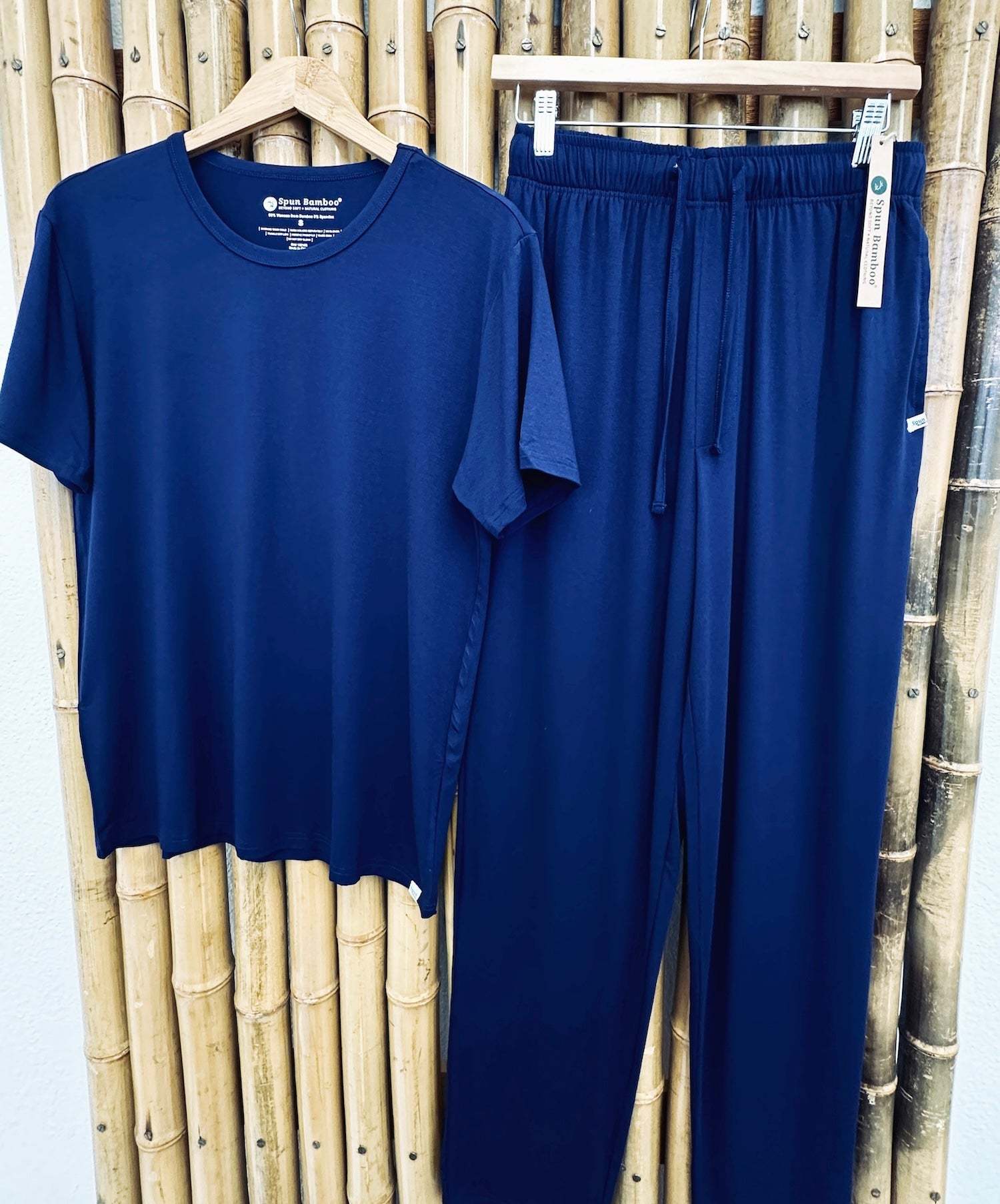 Men's Soft Bamboo Lounge Pajama Set in solid navy blue, with a short-sleeve crew-neck shirt and matching pants