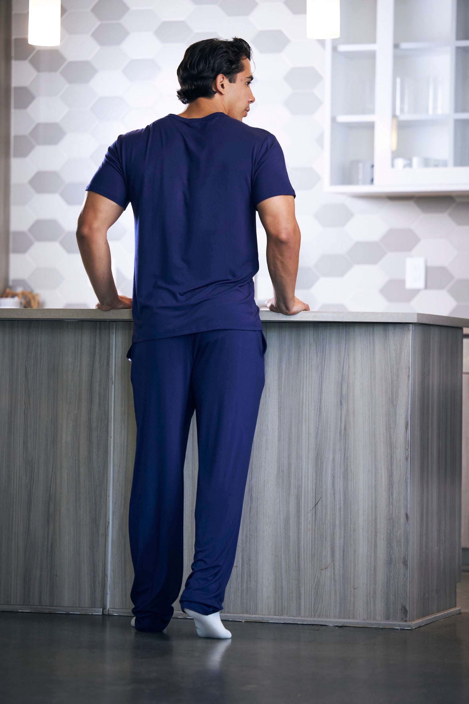 Men's Soft Bamboo Lounge Pajama Set in solid navy, with a short-sleeve crew-neck top and relaxed full-length pants