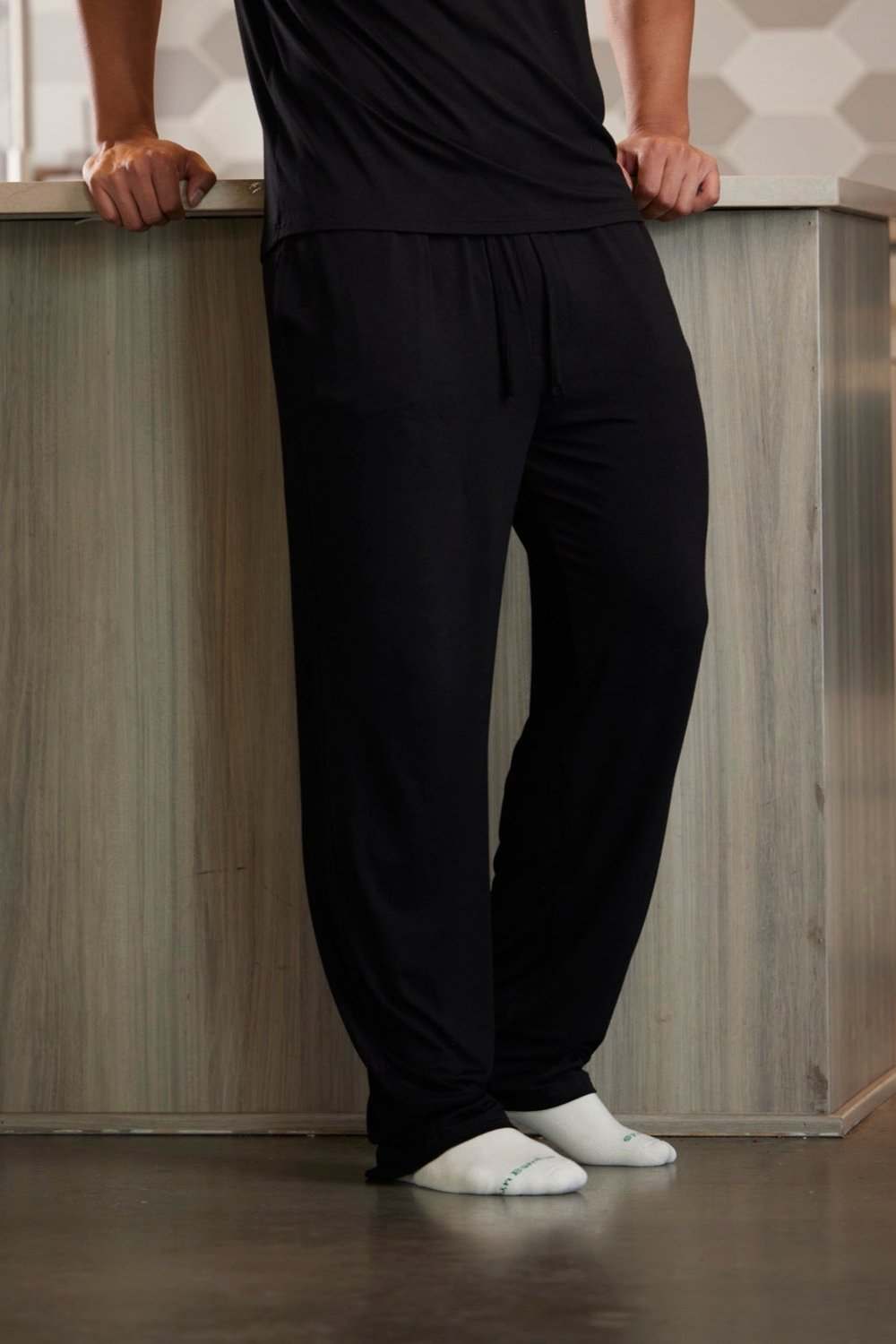 Men's Soft Bamboo Lounge Pajama Pants in solid black, with a relaxed full-length fit and elastic waistband