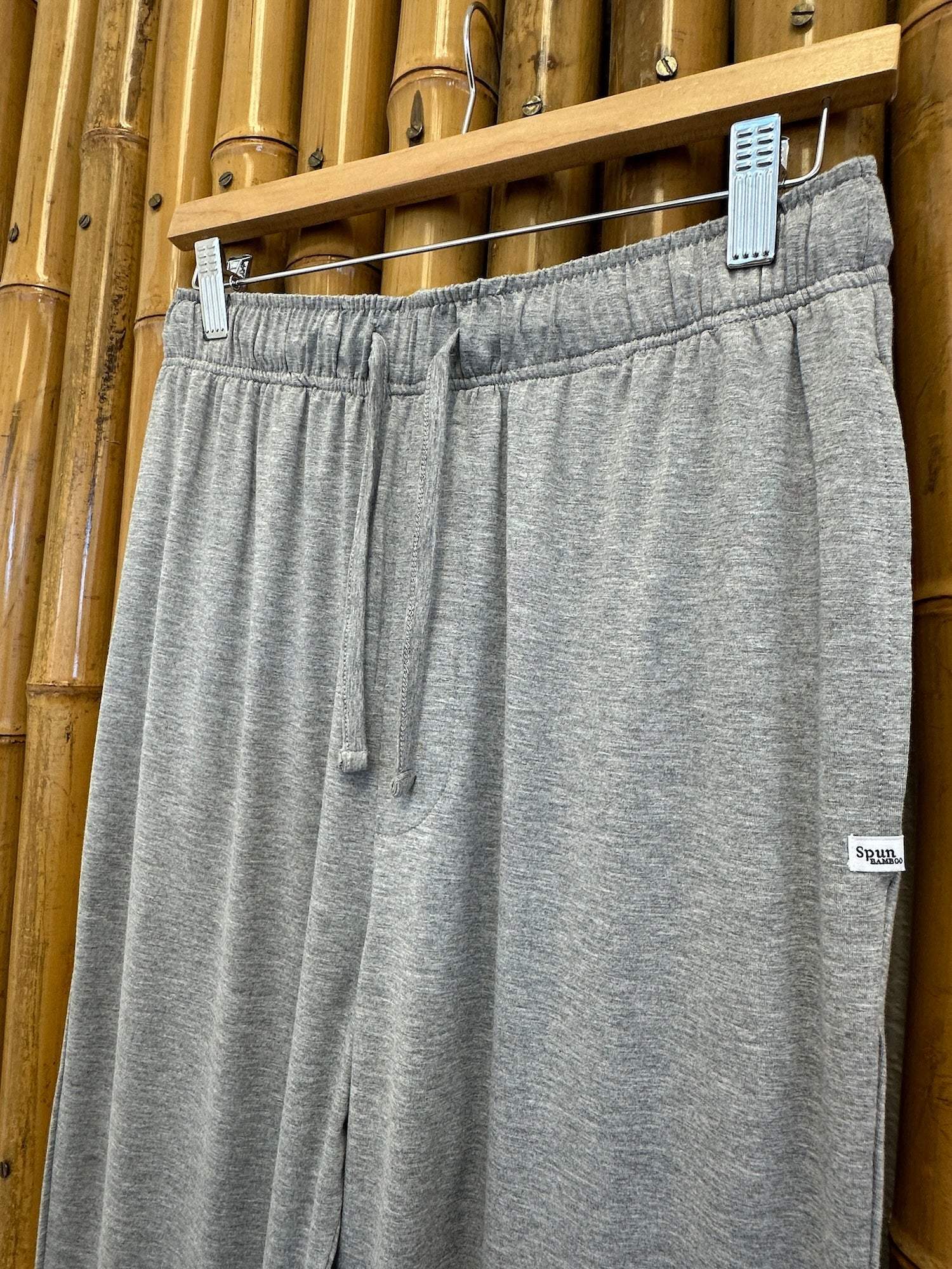 Men's Soft Bamboo Lounge Pajama Pants in heather gray, with a soft knit texture, elastic waistband, and drawstring