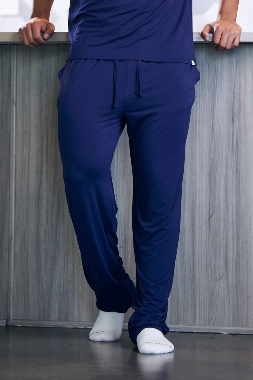 Men's Soft Bamboo Lounge Pajama Pants in solid navy blue, with a relaxed fit, elastic waistband and drawstring