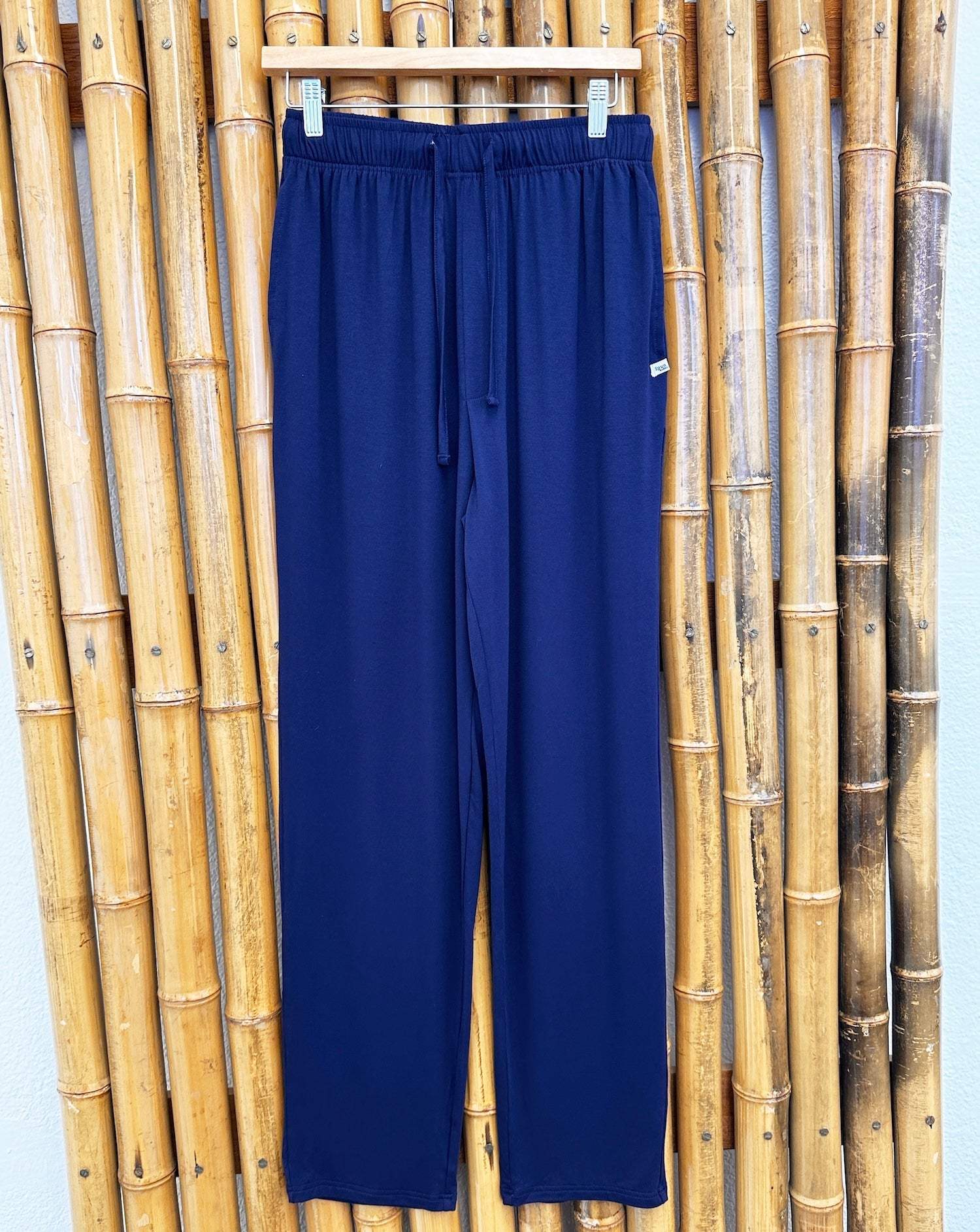Men's Soft Bamboo Lounge Pajama Pants in solid navy blue with a soft drape, elastic waistband, and drawstring