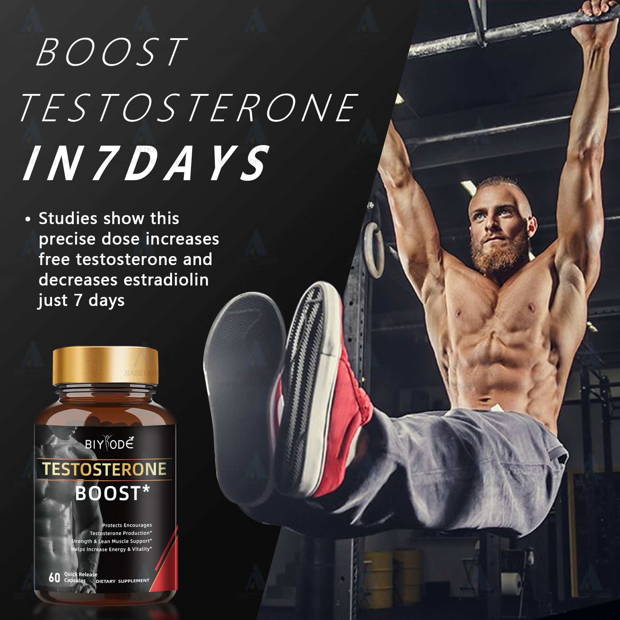 Men's testosterone boost supplement capsules bottle