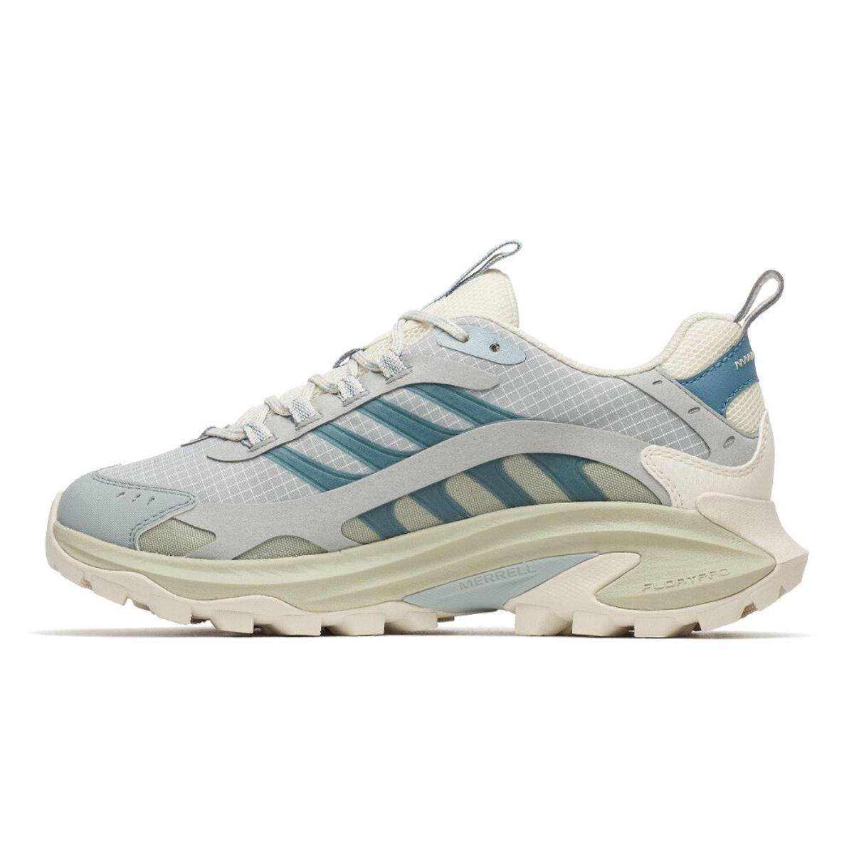 Merrell Women's Moab Speed hiking shoe in pale gray engineered mesh with teal overlays, cream sole and rugged tread
