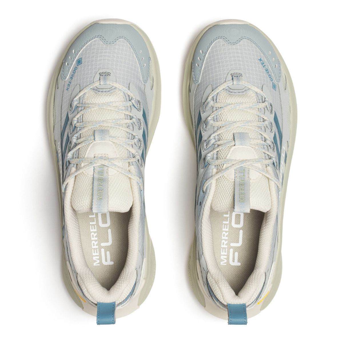 Merrell Women's Moab Speed hiking shoes in pale grey and blue engineered mesh, with cream laces and cushioned collars