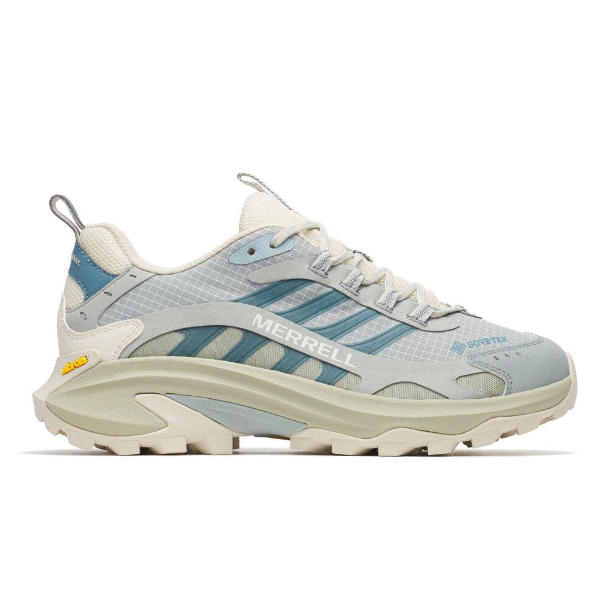 Merrell Women's Moab Speed hiking shoe in pale grey mesh with teal stripes, blue accents, and a thick rugged sole