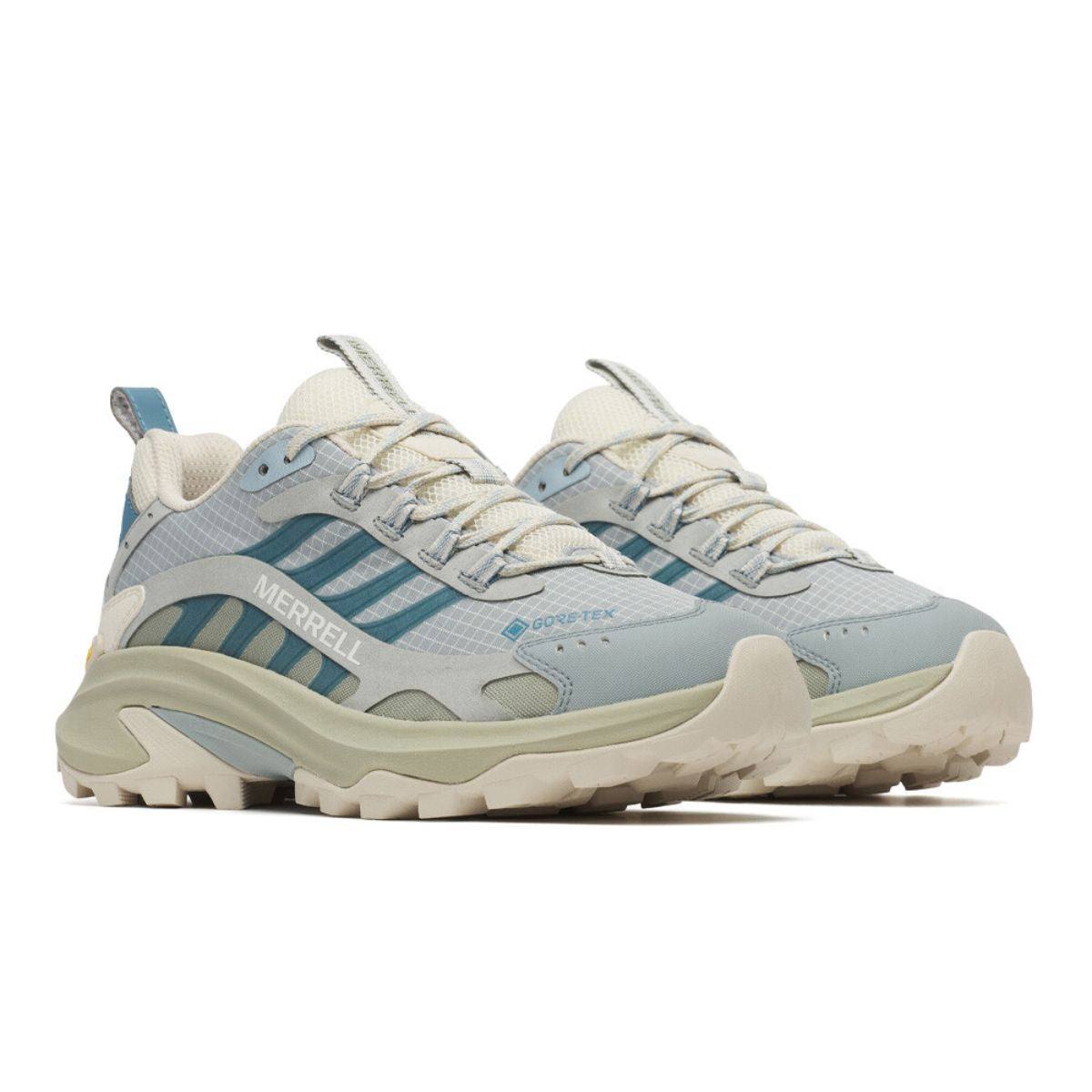 Merrell Women's Moab Speed hiking shoes in pale blue and cream mesh, with teal accents, lace-up fronts and rugged soles