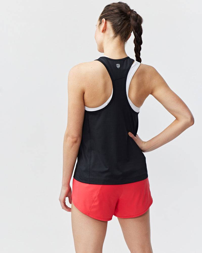 Mesh It To Me Tank in black mesh with white racerback trim and a small shield logo, shown from the back