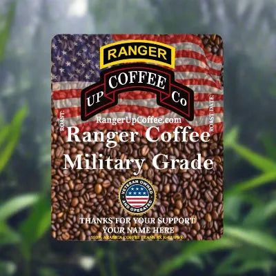 Military Grade Coffee K-Cups in a dark roast coffee bag with an American flag design, bean pattern, and Ranger Coffee logo
