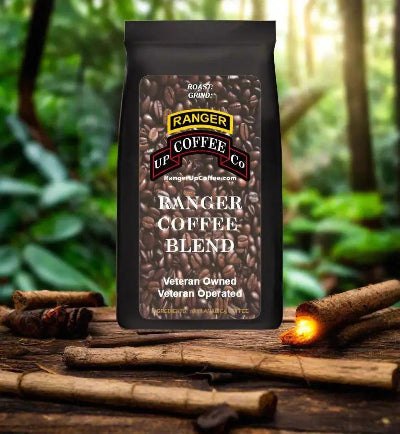 Military Grade Ranger Coffee in a black resealable pouch with a brown coffee bean design and Ranger Coffee Blend label