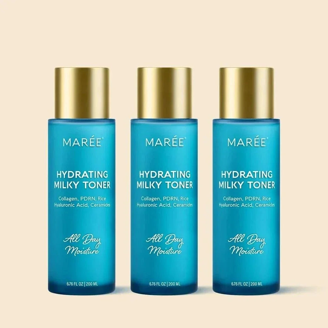 Marée Milky Rice Hydrating Toner bottle with cream background