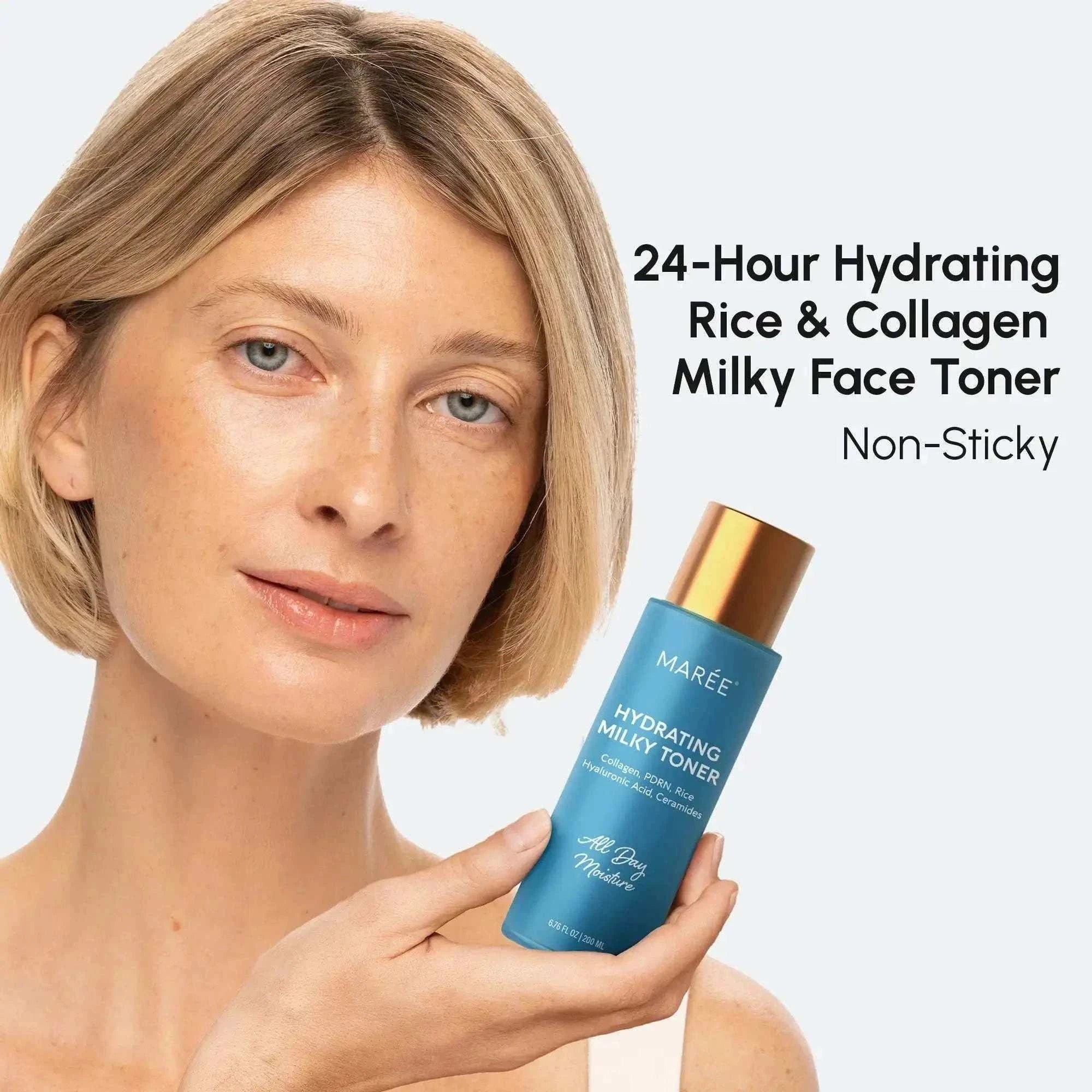Marée Milky Rice Hydrating Toner bottle with fresh flowers
