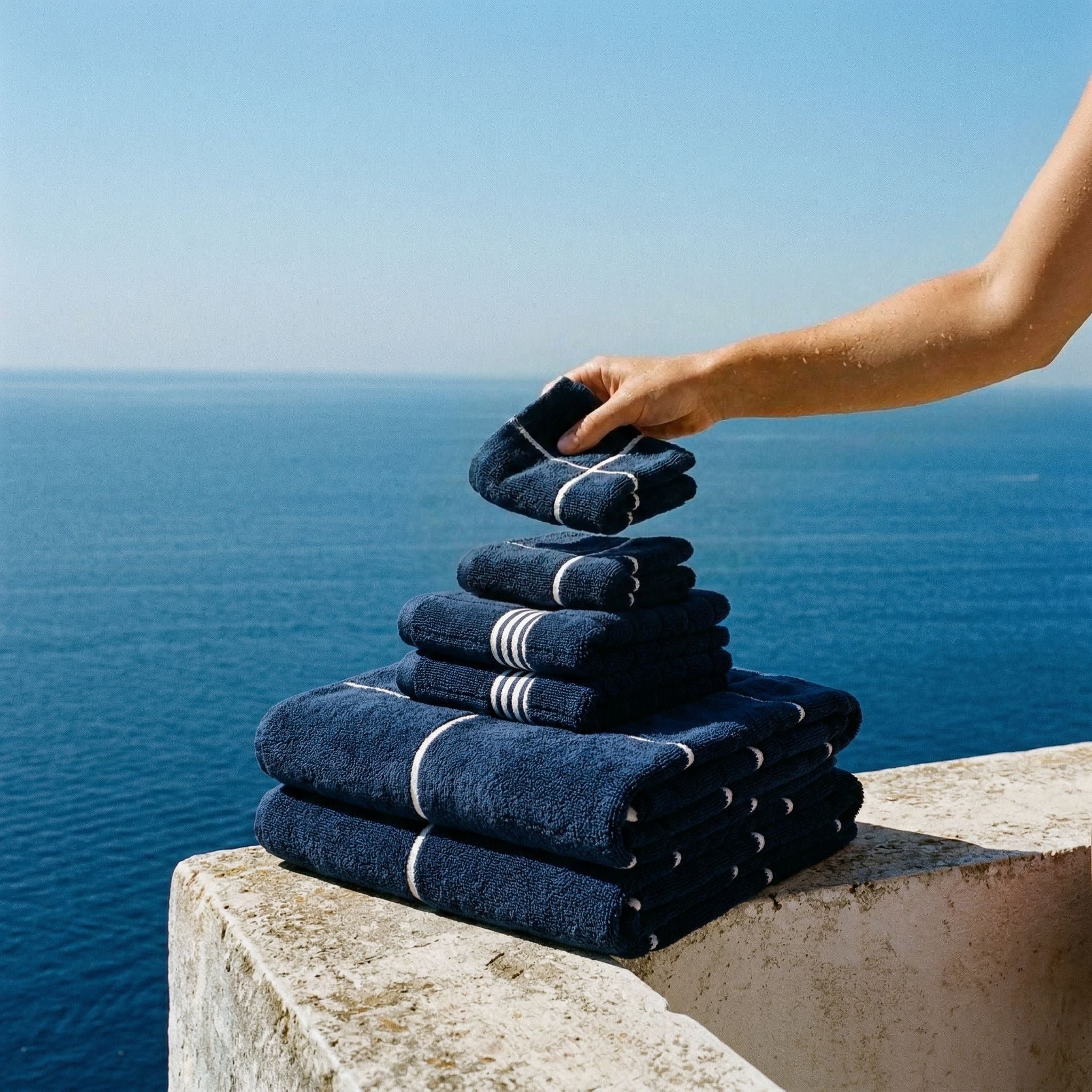 Miramar Australian cotton towels navy blue white windowpane grid