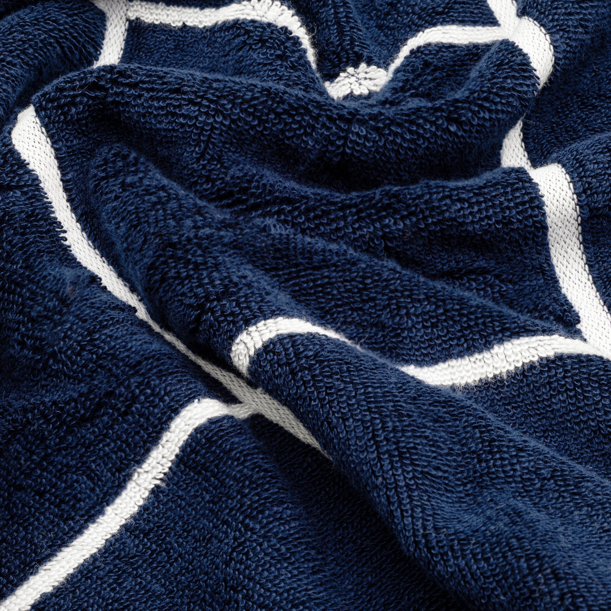 Miramar Australian cotton towels with navy blue and white grid pattern