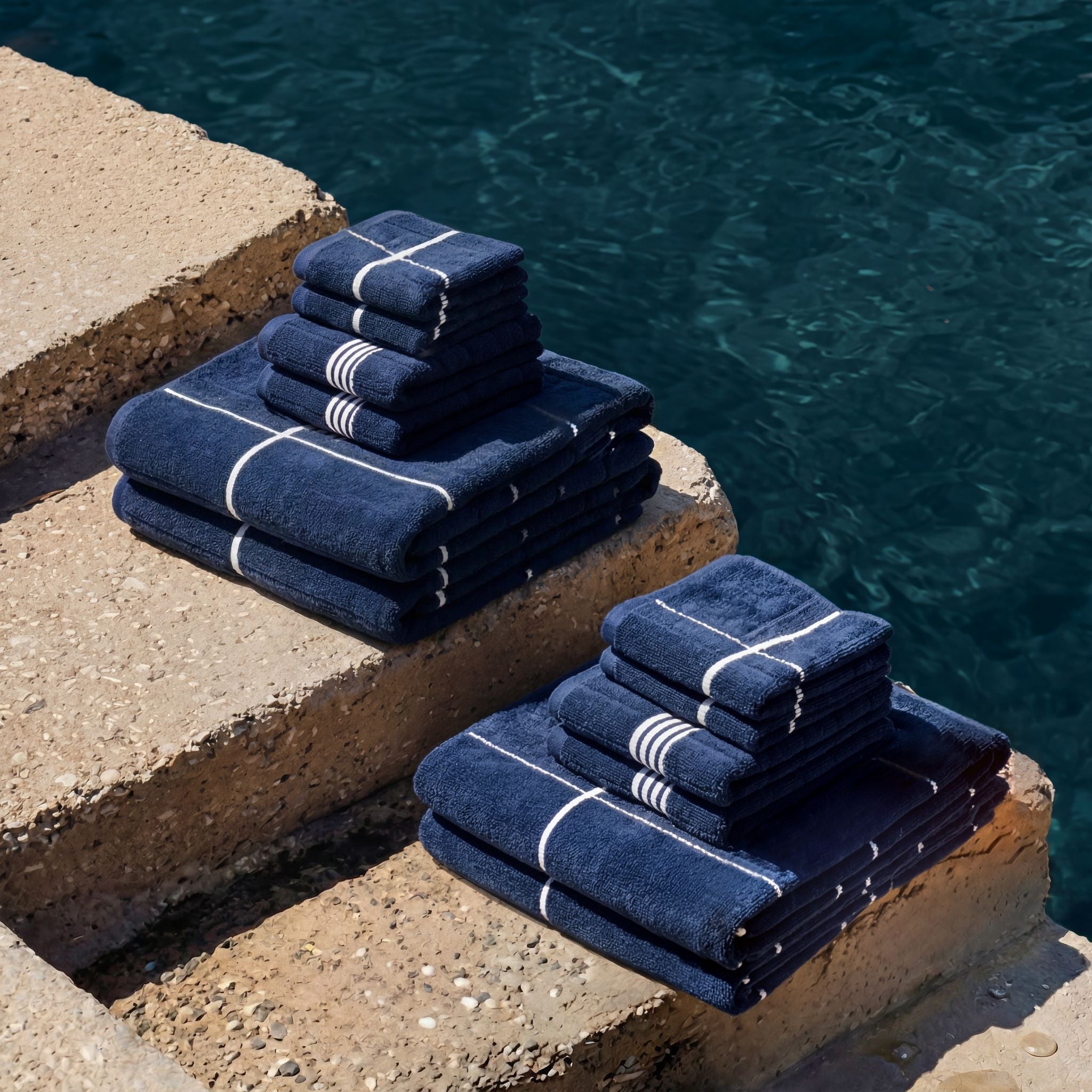 Miramar Australian cotton towels navy blue white grid pattern