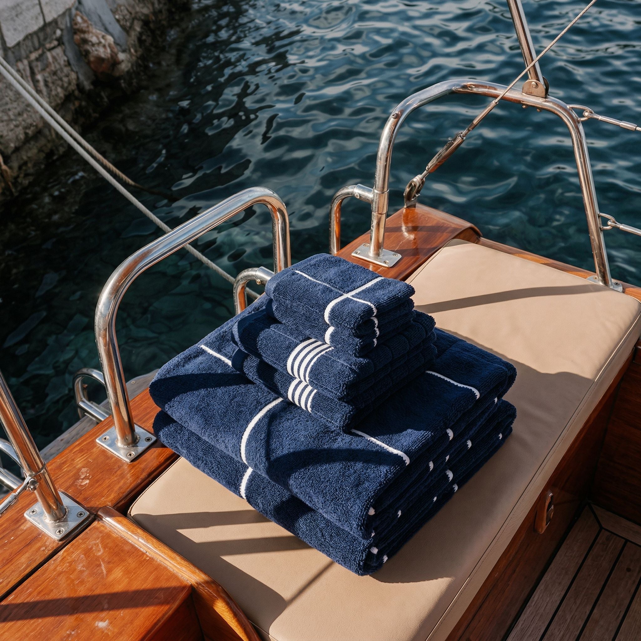 Miramar Australian cotton towels with navy-blue-and-white windowpane grid