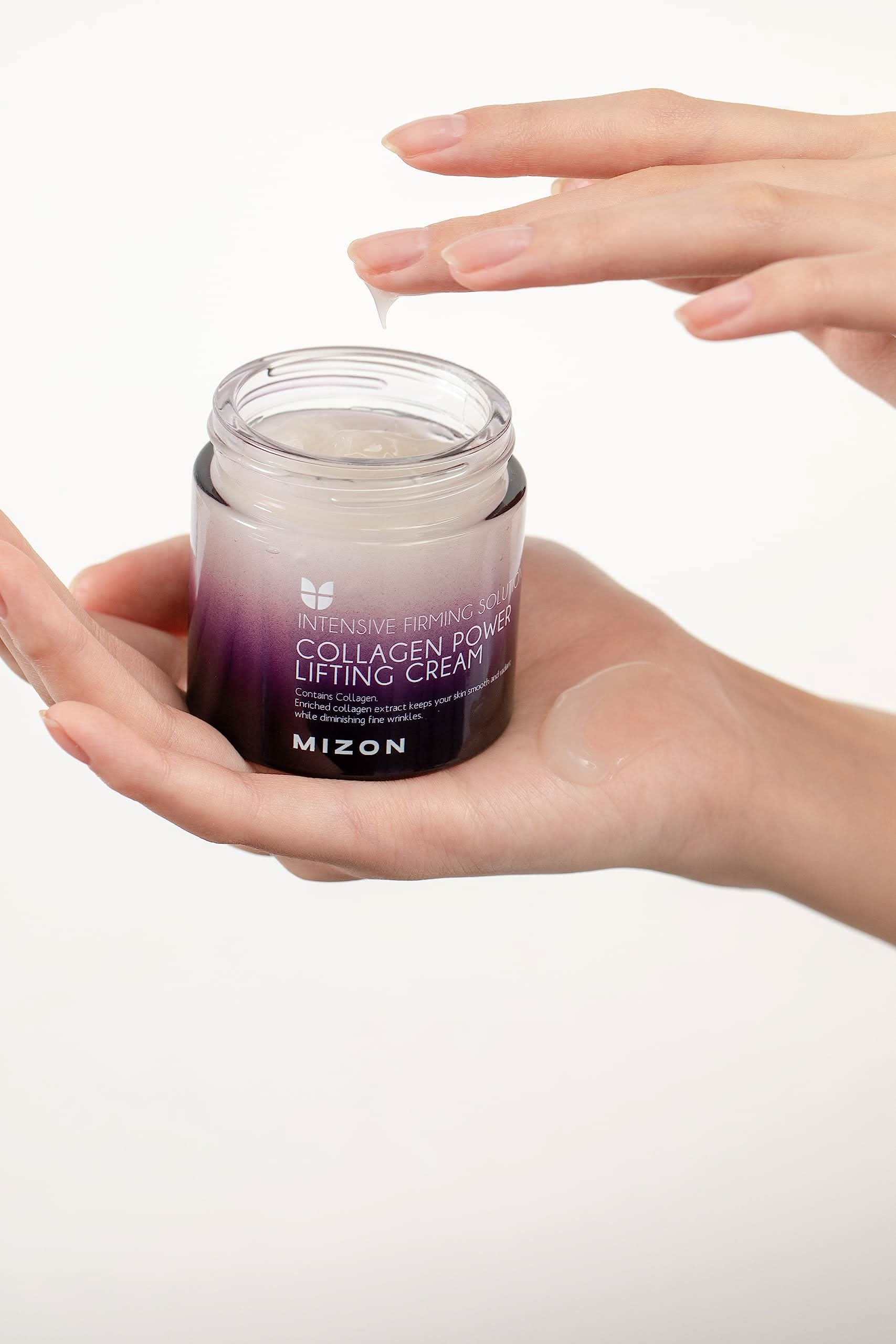 MIZON Collagen Power Lifting Cream in a clear jar with a purple gradient label and white cream, held in hands